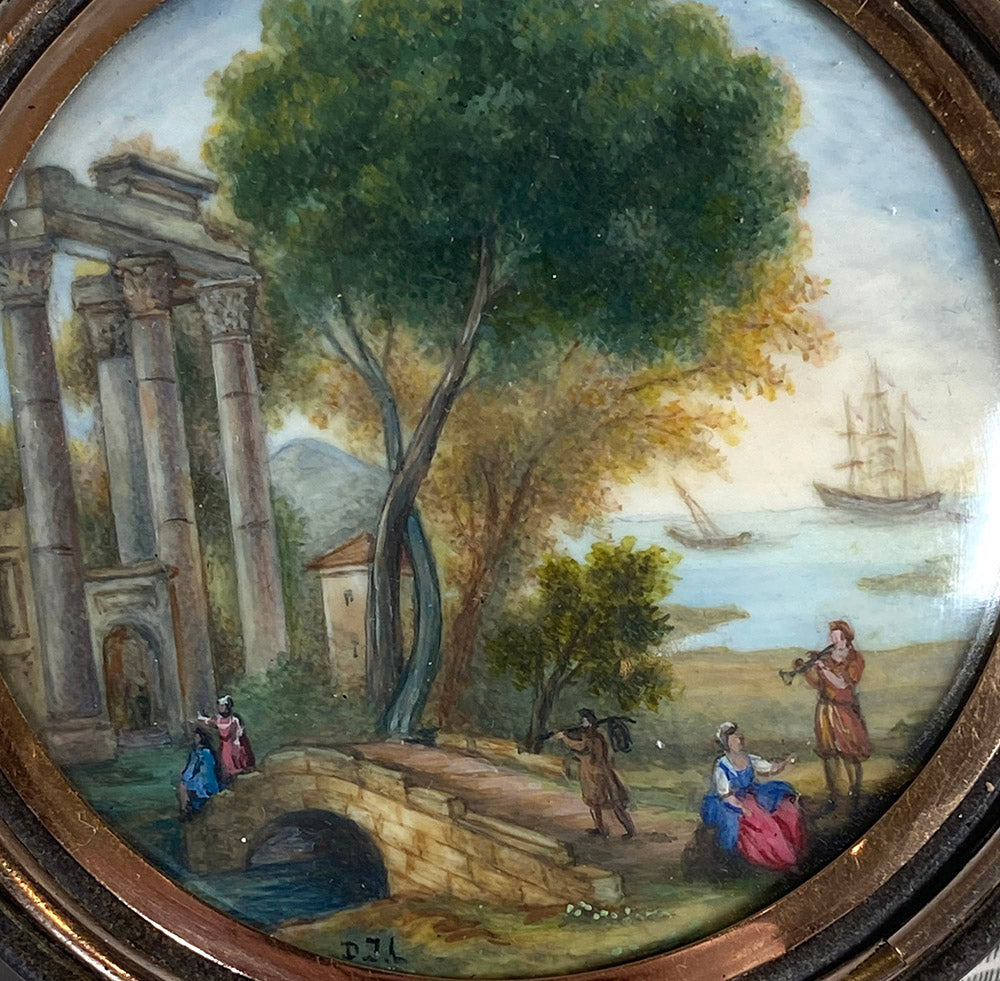 Antique French Snuff Box with Superb Landscape Painting, Ships and Roman Ruins, 18k Gold