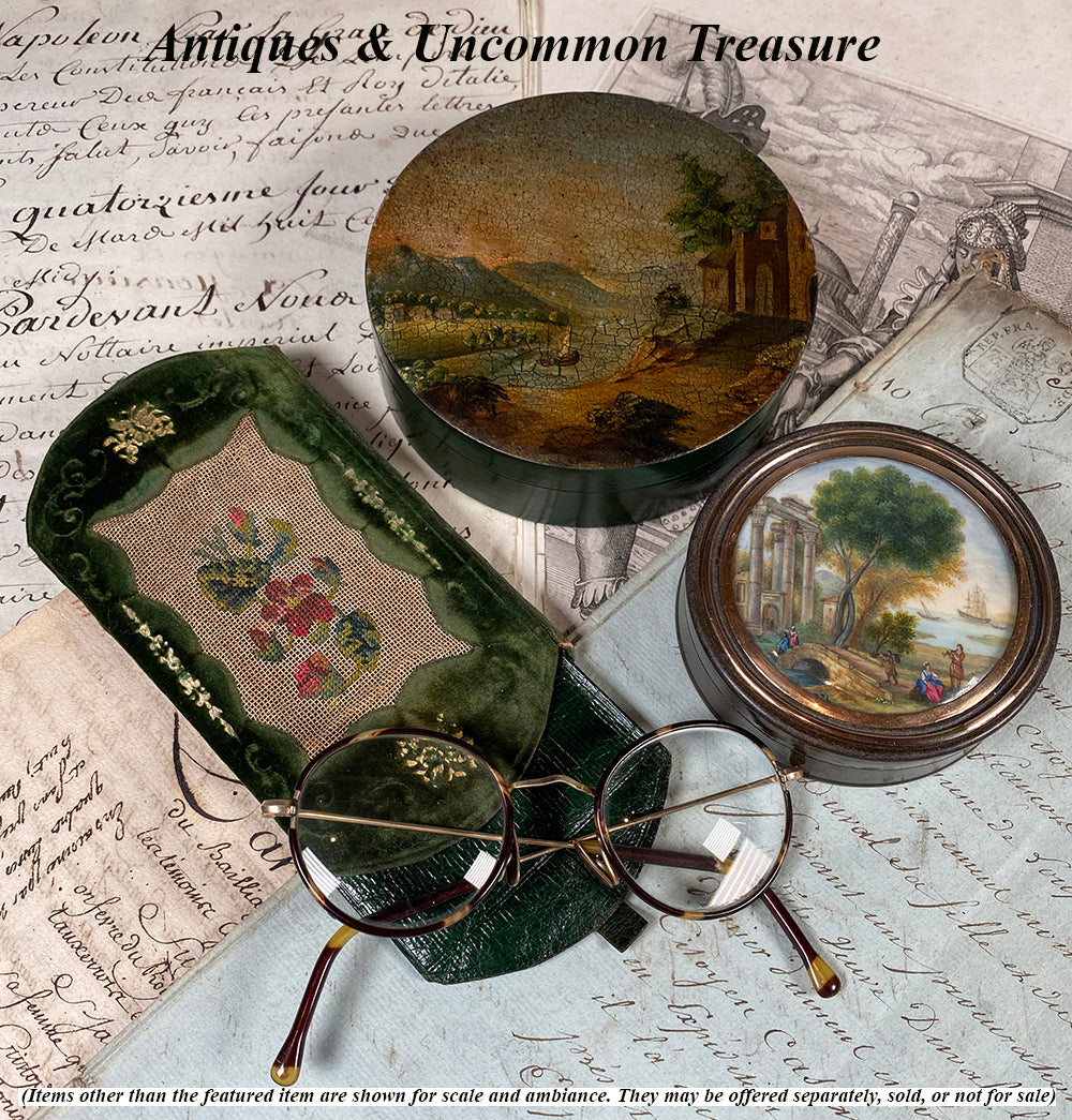 Antique French Snuff Box with Superb Landscape Painting, Ships and Roman Ruins, 18k Gold