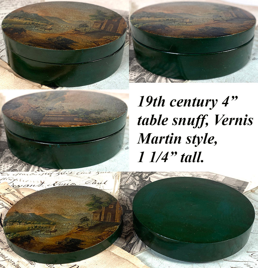 Antique 4" French Table Snuff, 19th Century Vernis Martin Revival Landscape with Ship