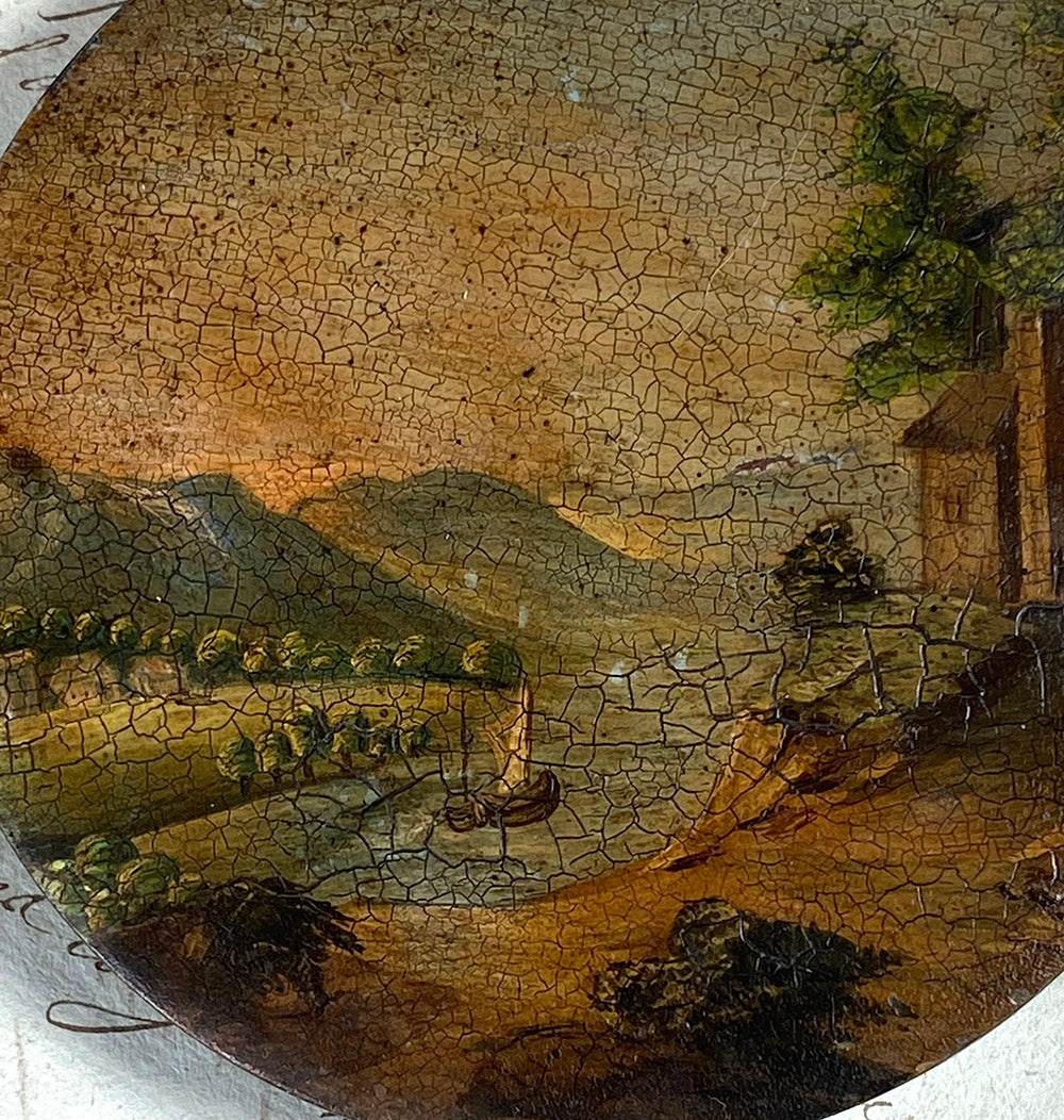 Antique 4" French Table Snuff, 19th Century Vernis Martin Revival Landscape with Ship