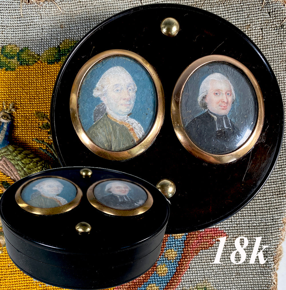Rare Antique 18th Century French Double Portrait Miniature Vernis Martin Snuff Box, 18k Trim