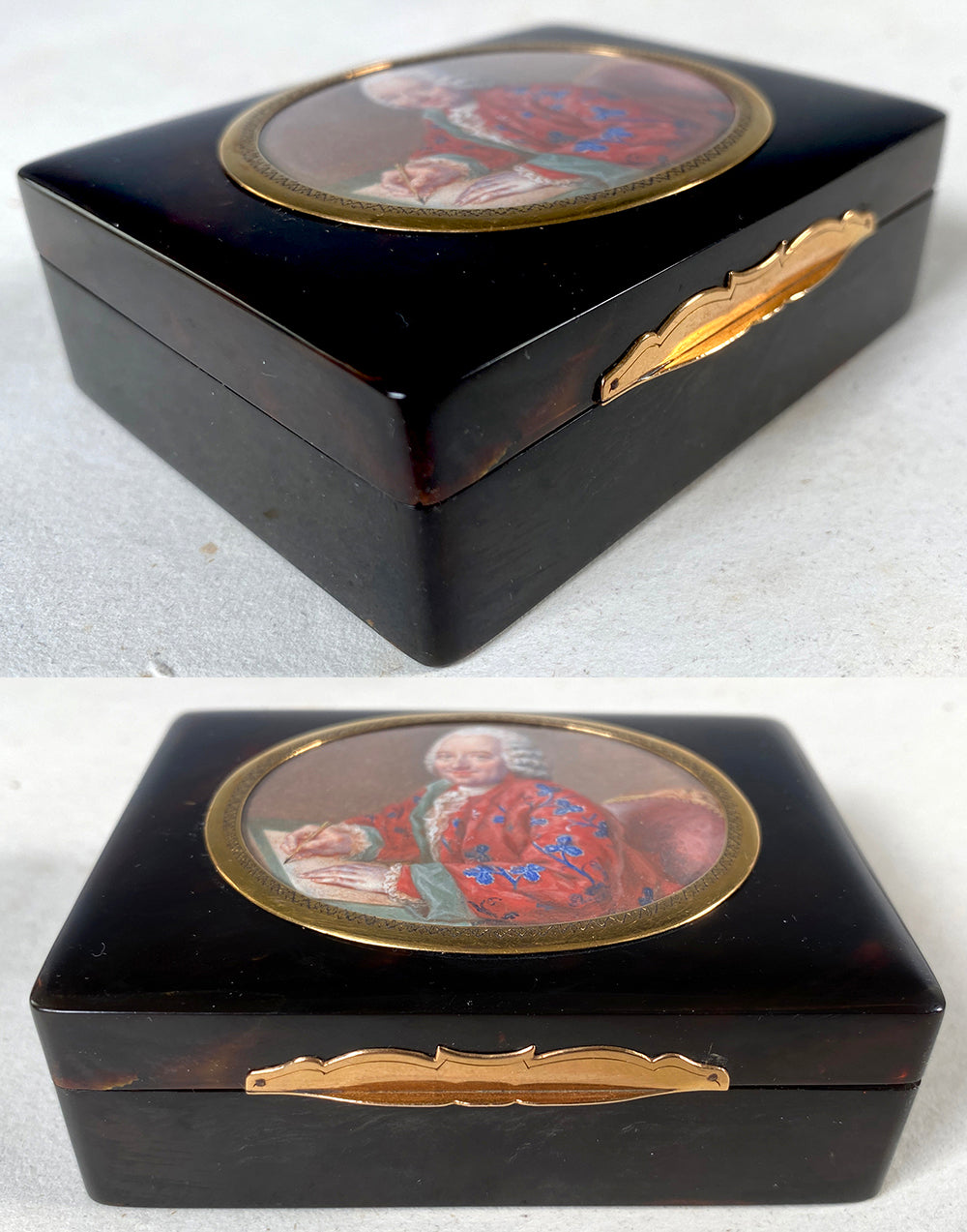 Exceptional 18th Century Portrait Miniature Louis XVI, 18k Gold on Tortoise Shell Patch or Snuff Box