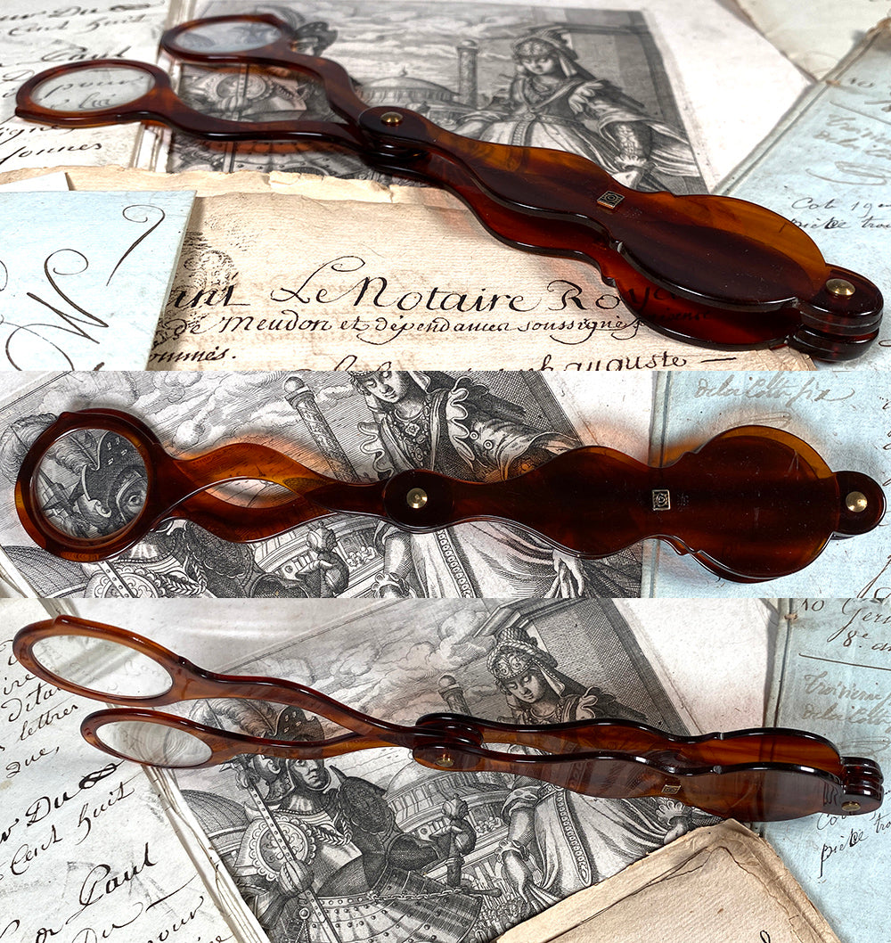 Large Antique French Lorgnette, Tortoise Shell with 18k Gold, Pendant, Incroyables