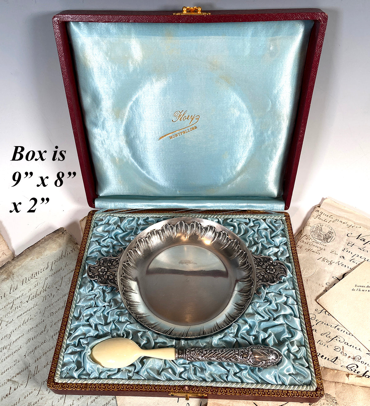 Antique French Sterling Silver Écuelle, Baby Gift, Bowl and Ivory Spoon Still in Presentation Box