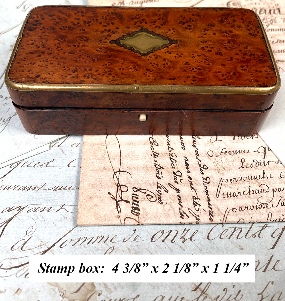 Antique French 4-Section Stamps Box, Burl and Boulle Napoleon III era, Philatelist Stamp Collection