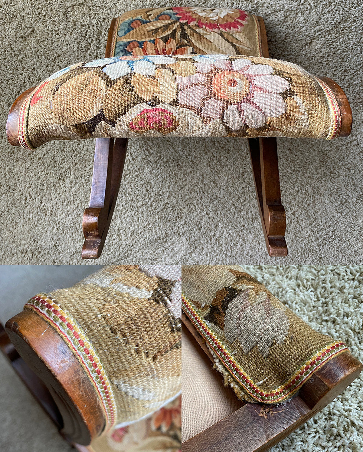 Large Antique French Aubusson Tapestry Bench or Foot Stool, X-Form Rocker Recliner