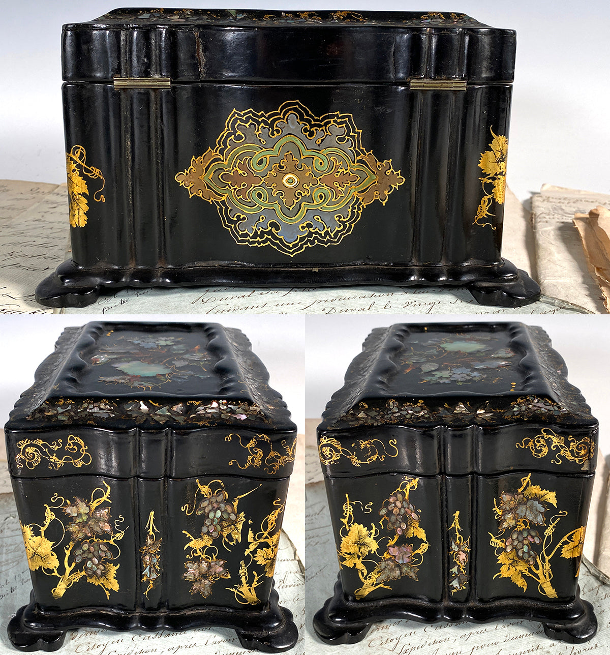 Fine Antique English Victorian Papier Mache and Mother of Pearl Double Well Tea Caddy, c.1850