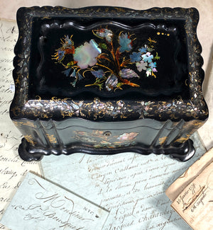 Fine Antique English Victorian Papier Mache and Mother of Pearl Double Well Tea Caddy, c.1850