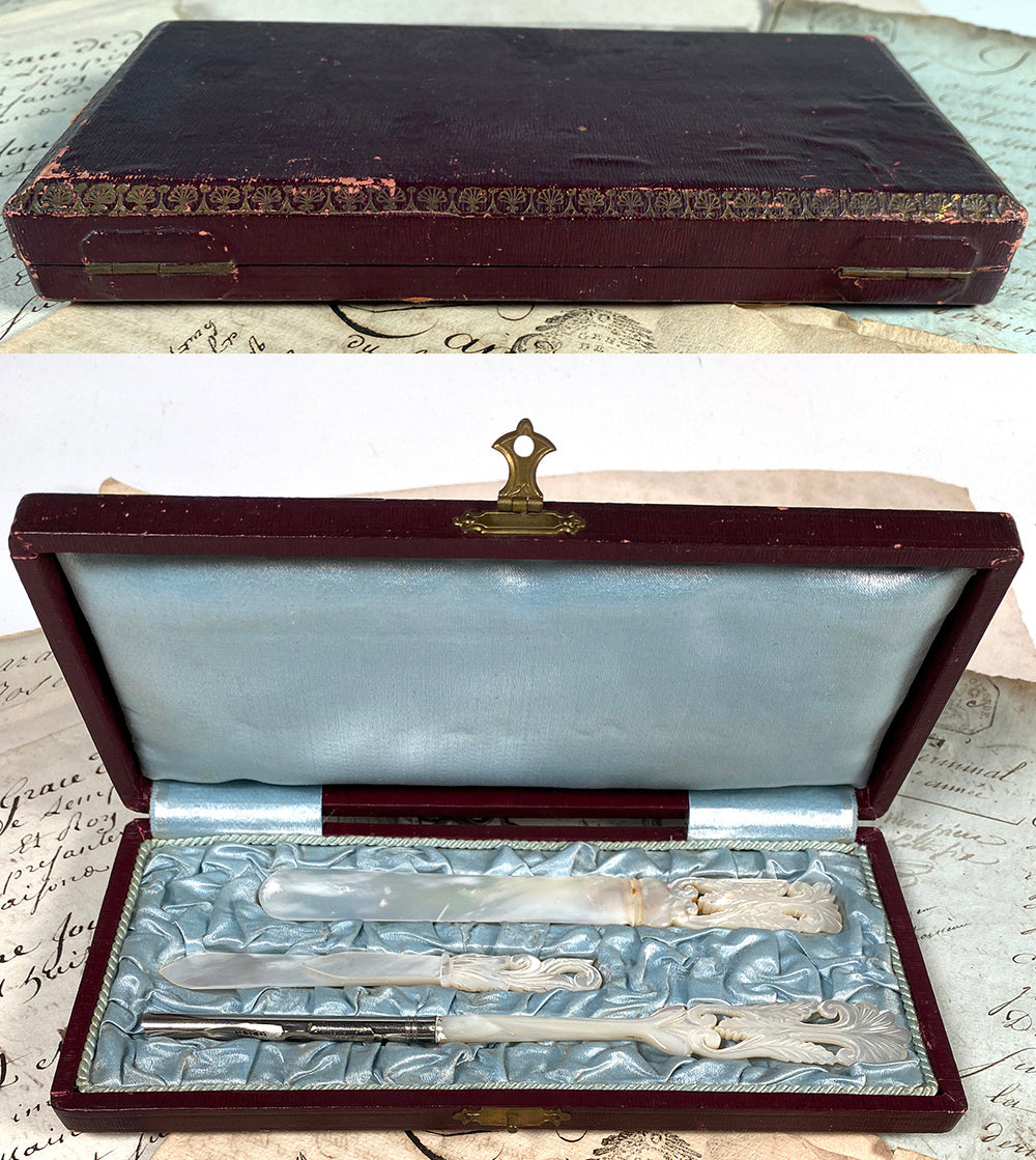 Antique French Carved Mother of Pearl Writer's Desk Set, Dip Pen, Bookmark, Letter Opener