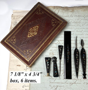 Antique French Desk or Writer's Set, 6pc, Seal, Ruler, etc c.1790-1820, Tortoise Shell and Abalone Pique