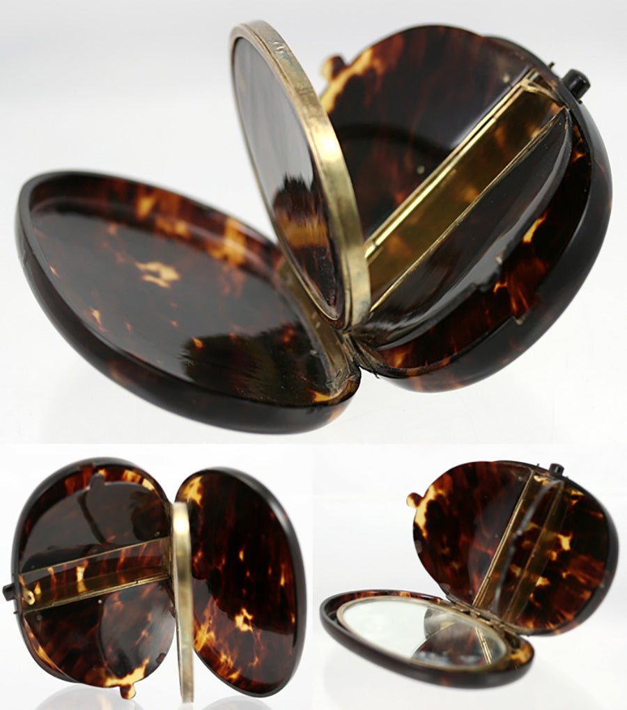 RARE Antique French Minaudiére or Compact, Sterling Silver & Tortoise Shell - Oval Tortoiseshell