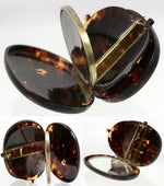 RARE Antique French Minaudiére or Compact, Sterling Silver & Tortoise Shell - Oval Tortoiseshell