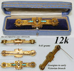 Antique Victorian 12k Gold Bar Brooch with Pearls and Turquoise, 2 3/4" Long Etruscan Motif