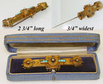 Antique Victorian 12k Gold Bar Brooch with Pearls and Turquoise, 2 3/4" Long Etruscan Motif