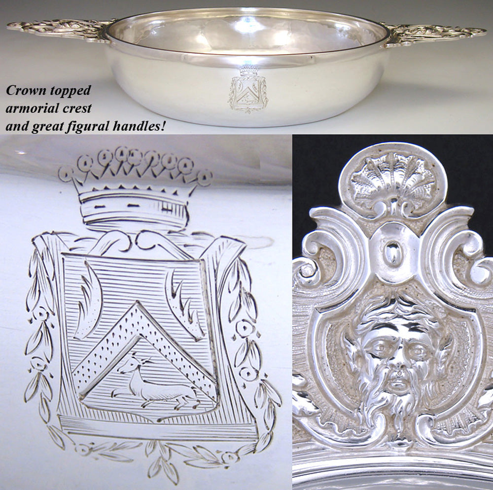 Antique French Sterling Silver Legumier, Ecuelle, Serving Dish, Armorial Crown & Mascaron