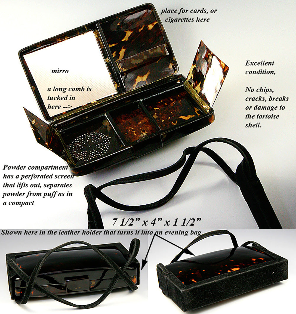 RARE Antique French Tortoise Shell Minaudiére, Purse & Vanity or Make-up Case, Suede Holder, Scabbard