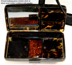 RARE Antique French Tortoise Shell Minaudiére, Purse & Vanity or Make-up Case, Suede Holder, Scabbard