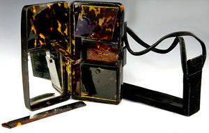 RARE Antique French Tortoise Shell Minaudiére, Purse & Vanity or Make-up Case, Suede Holder, Scabbard