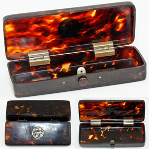 Beautiful Antique Tortoise Shell Box, Sterling Silver Medallion Cartouche - Excellent Condition, Tortoiseshell