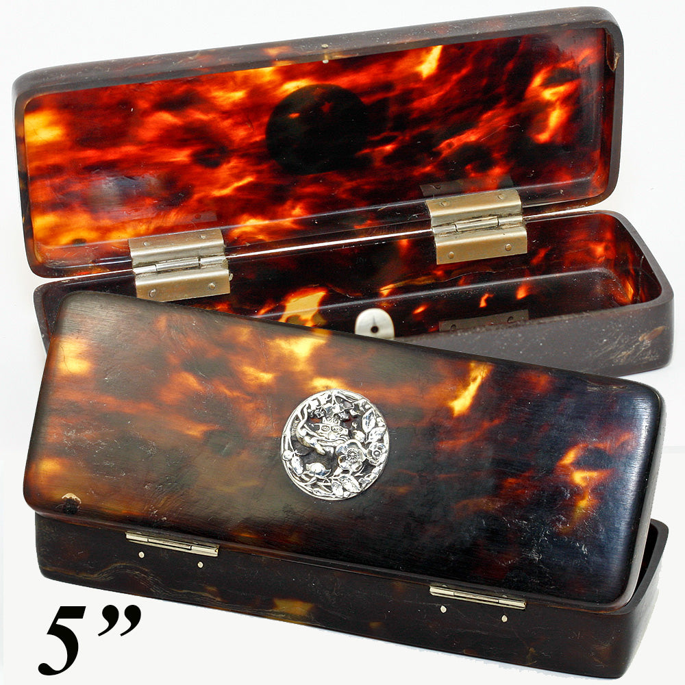 Beautiful Antique Tortoise Shell Box, Sterling Silver Medallion Cartouche - Excellent Condition, Tortoiseshell