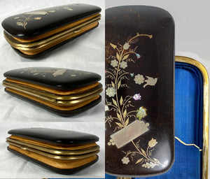 Antique French Tortoise Shell & Pique Cigar or Spectacles Case, Etui, Leather Baffled Sides to Expand, use as Evening Bag
