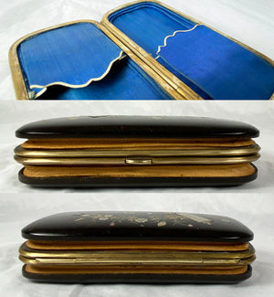 Antique French Tortoise Shell & Pique Cigar or Spectacles Case, Etui, Leather Baffled Sides to Expand, use as Evening Bag