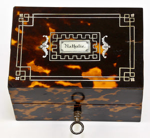 Antique Tortoise Shell Caddy with Scent, Perfume Bottles, c.1840s French, MOP Inlays and Original Key