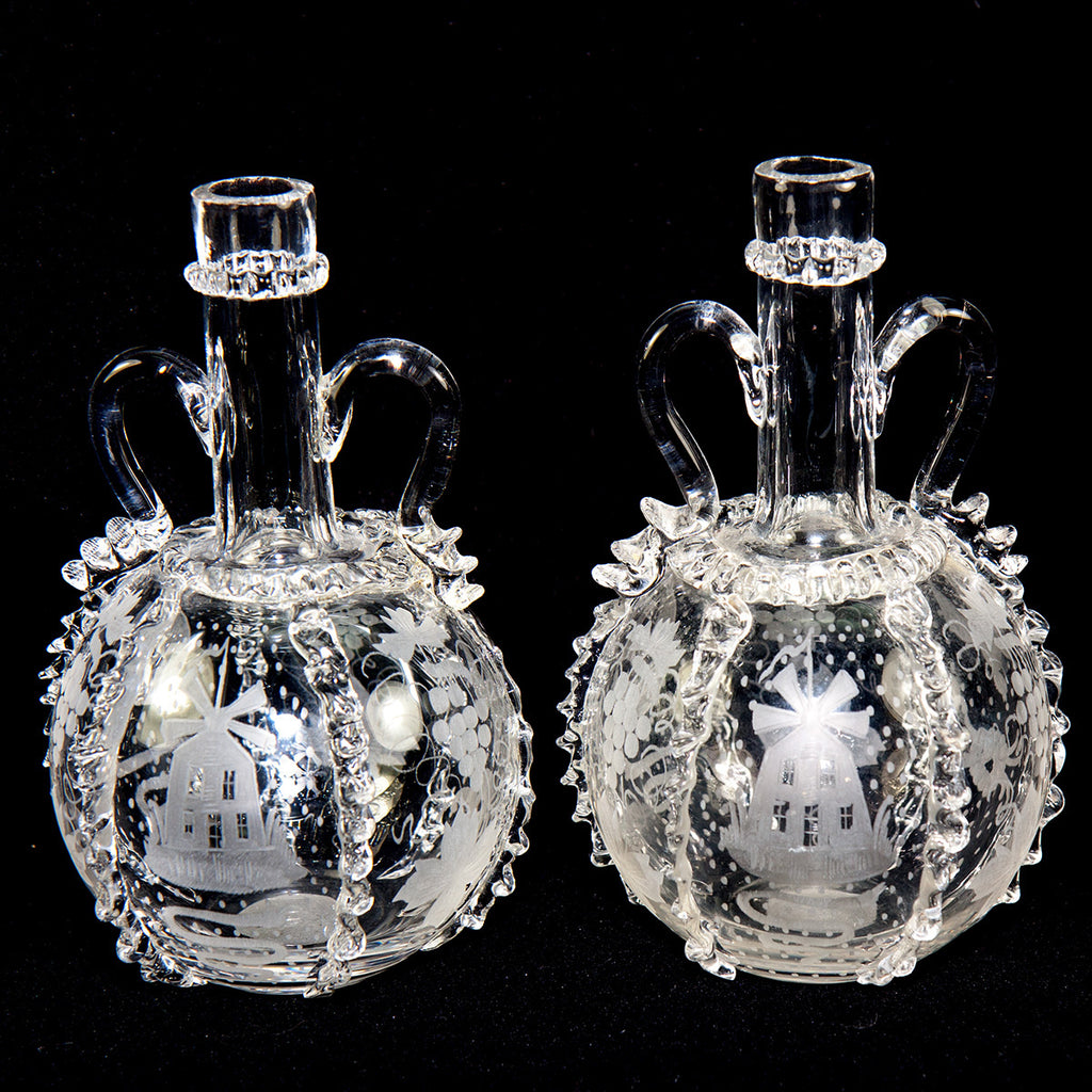 Pair (2) Antique 18th Century Dutch Engraved and Ruffled Blown Glass Wine Decanters, Windmill
