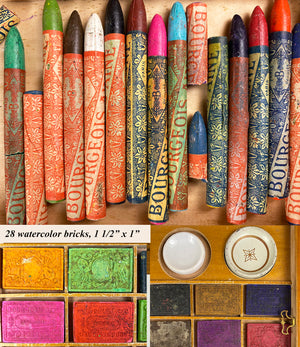 Antique French Artist's Paint Box, 28 Watercolor Bricks, Crayons, Paint pots, 13" x 8" x 2"