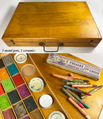 Antique French Artist's Paint Box, 28 Watercolor Bricks, Crayons, Paint pots, 13" x 8" x 2"