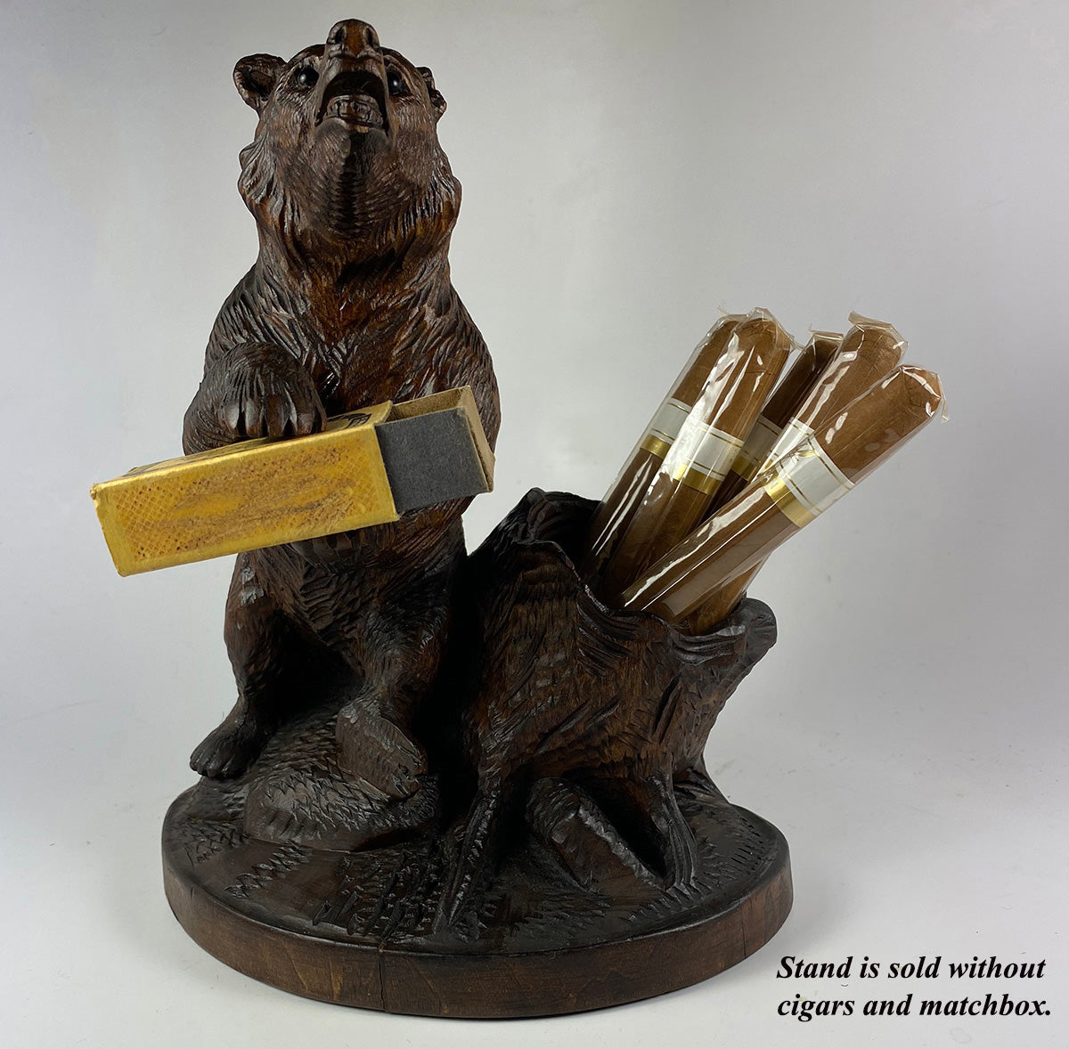 Antique Black Forest Carved Bear Cigar or Pipe Smoker's and Match Stand, 7.5" Tall