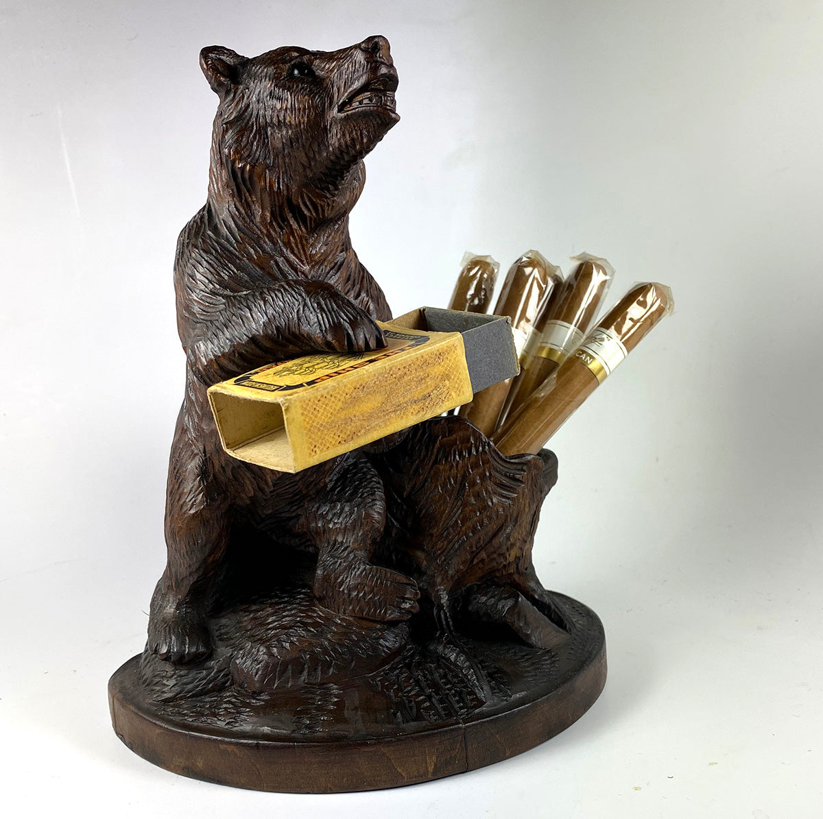 Antique Black Forest Carved Bear Cigar or Pipe Smoker's and Match Stand, 7.5" Tall