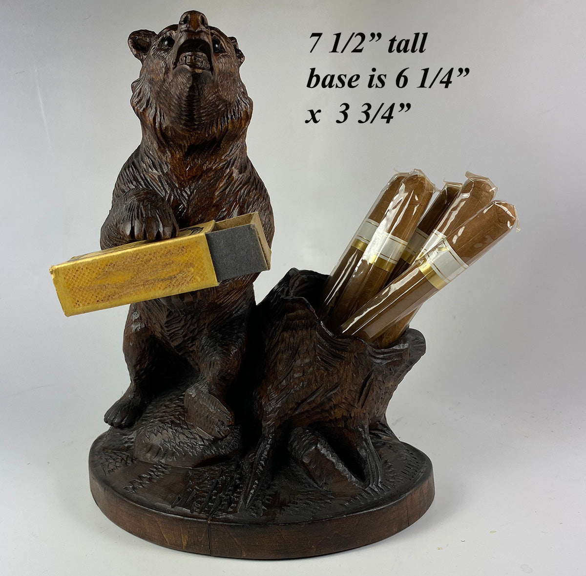 Antique Black Forest Carved Bear Cigar or Pipe Smoker's and Match Stand, 7.5" Tall