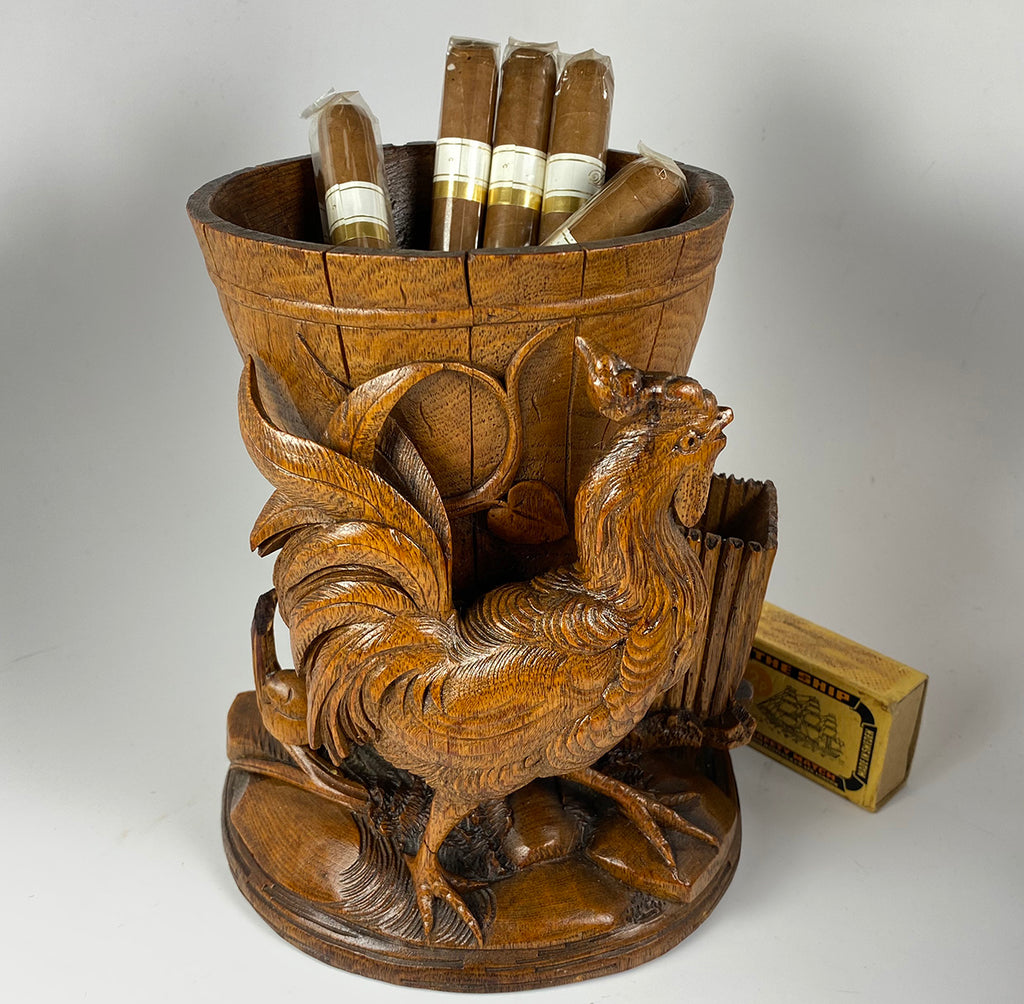 Large Antique Black Forest Rooster Cigar or Pipe, Smoker's Stand, Match Holder