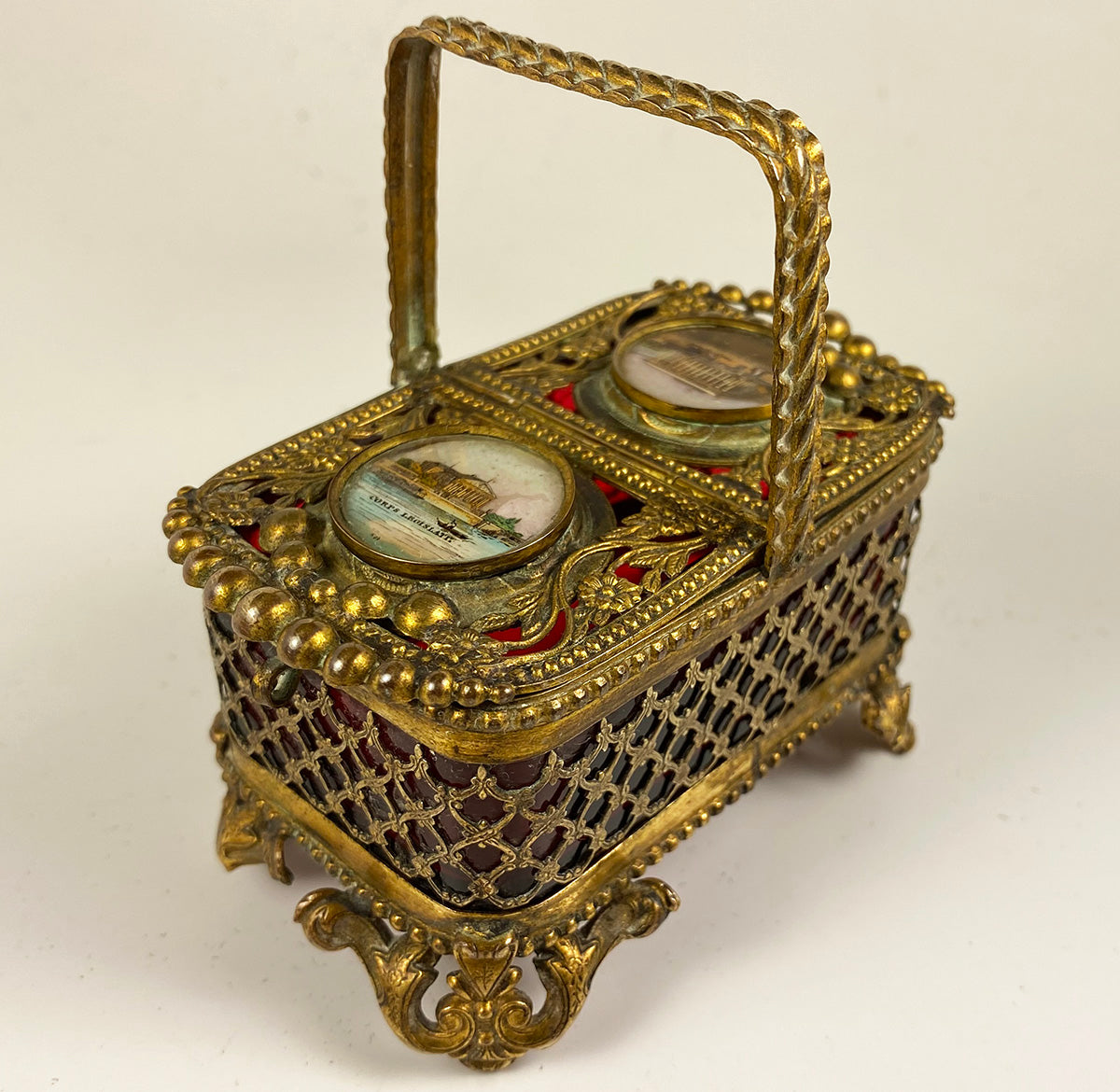 Superb c.1830-50 French Eglomise Grand Tour Souvenir Basket, 2 Views, Cranberry Glass