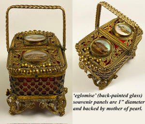 Superb c.1830-50 French Eglomise Grand Tour Souvenir Basket, 2 Views, Cranberry Glass