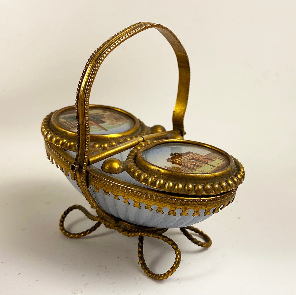 Rare Early 1800s French Opaline and Eglomise Grand Tour Souvenir, Small Basket, 2 Architectural Views of Paris