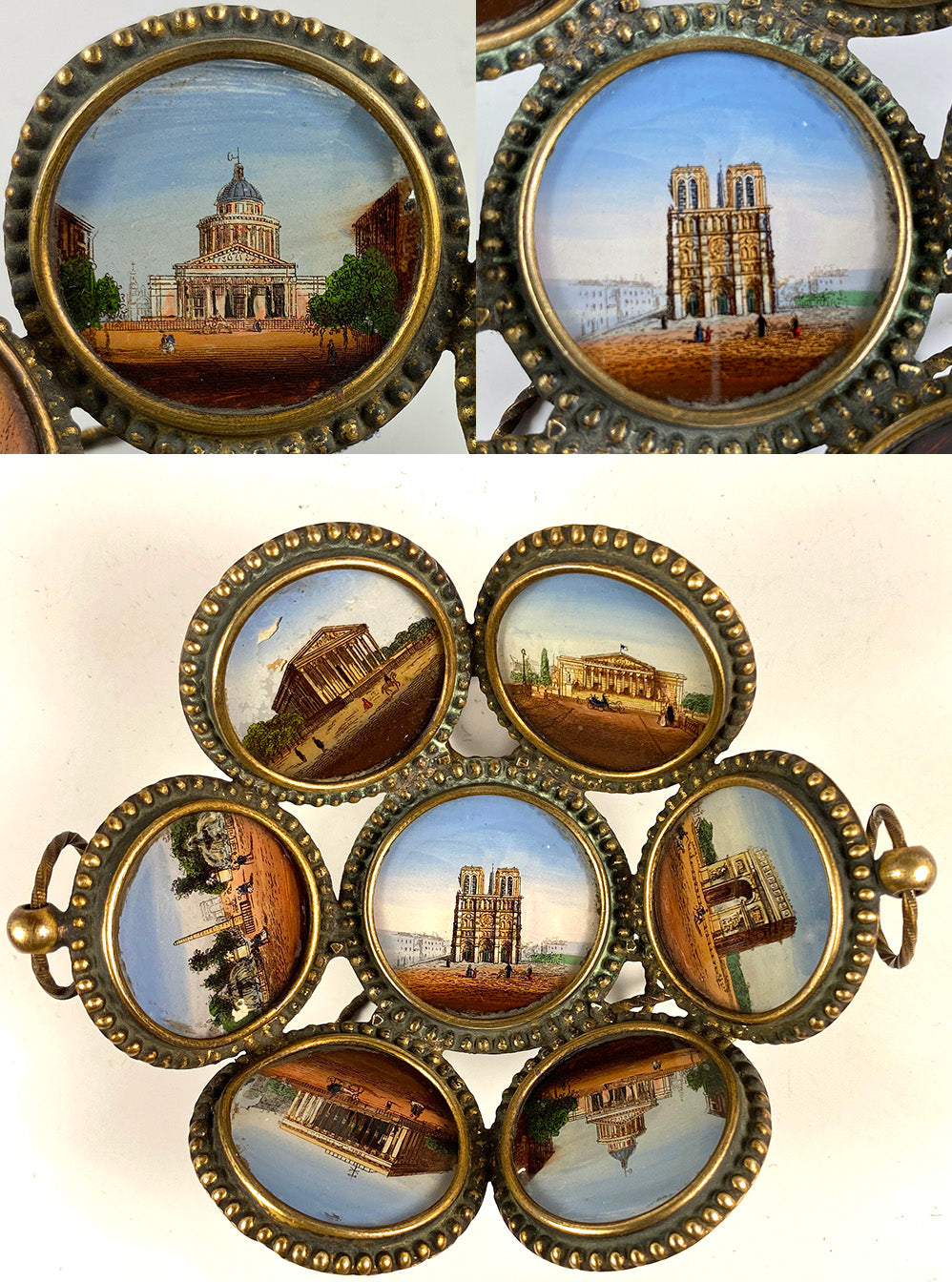 Antique c.1840s Paris Grand Tour Calling Card Tray, 7 Eglomise Paintings of Paris Architectural Icons