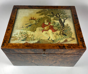 Antique French Needlepoint & Burled Wood Sewing or Work Box, Cigar Box, c. 1830-50