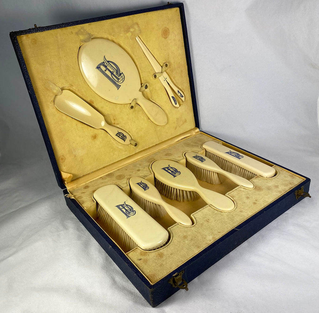 Antique Faux Ivory Vanity Set, French Ivory, 8 Pieces in Original Presentation Box, Art Deco, Edwardian