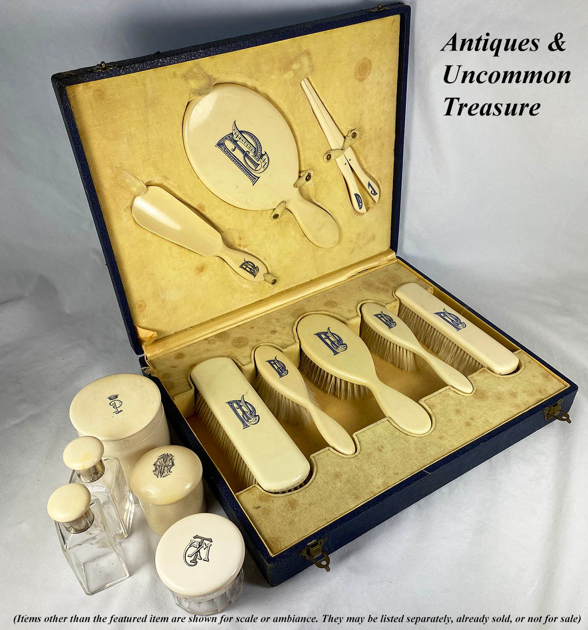 Antique Faux Ivory Vanity Set, French Ivory, 8 Pieces in Original Pres Antiques & Uncommon Treasure Antique Faux Ivory Vanity Set, French Ivory, 8 Pieces in Original Pres Antiques & Uncommon Treasure