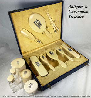 Antique Faux Ivory Vanity Set, French Ivory, 8 Pieces in Original Presentation Box, Art Deco, Edwardian