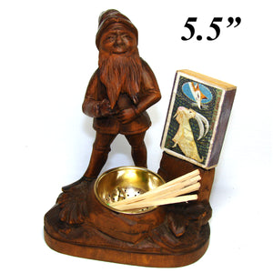 Charming Antique Black Forest Carved Smoker's Stand, Ashtray, Match Holder Gnome