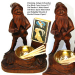 Charming Antique Black Forest Carved Smoker's Stand, Ashtray, Match Holder Gnome