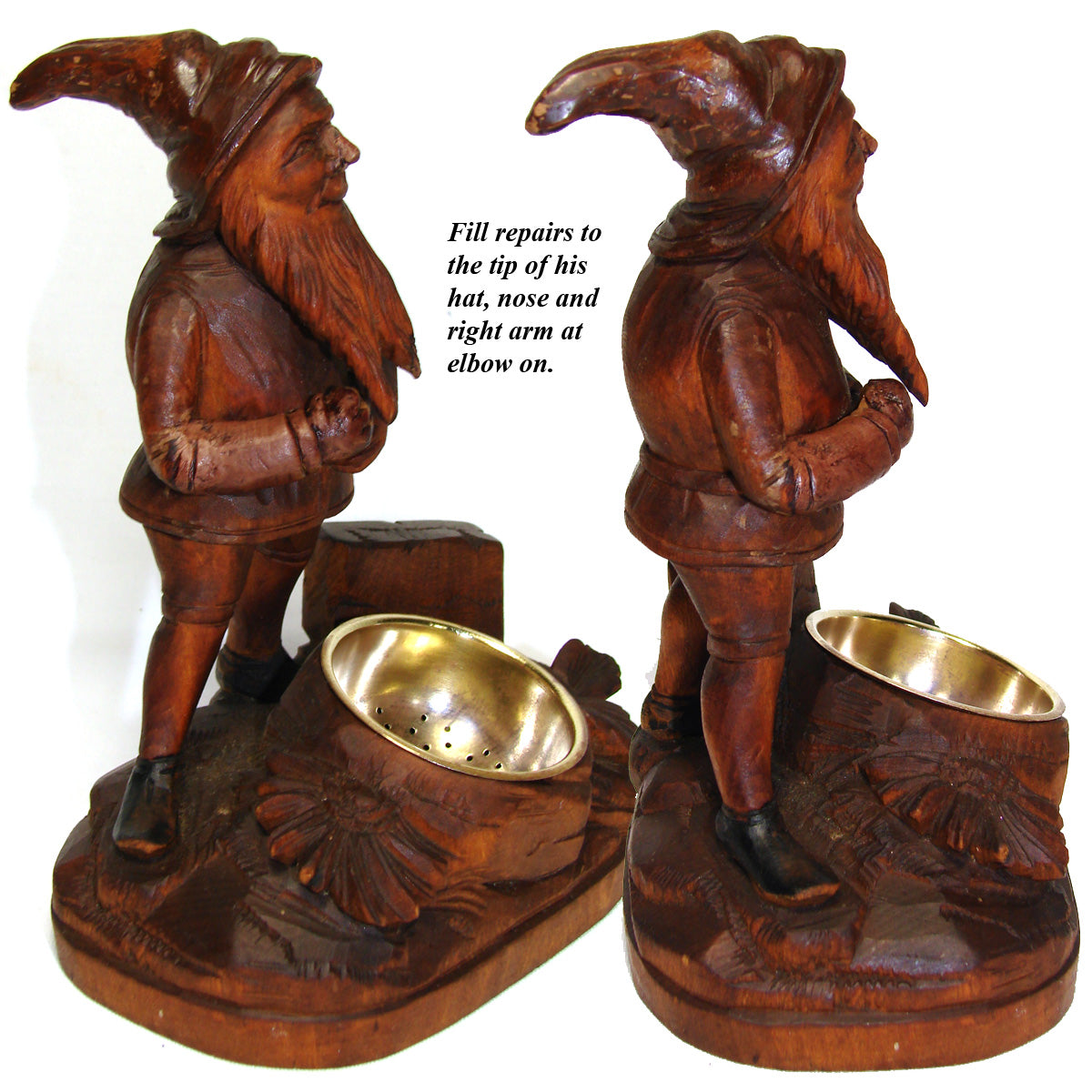 Charming Antique Black Forest Carved Smoker's Stand, Ashtray, Match Holder Gnome