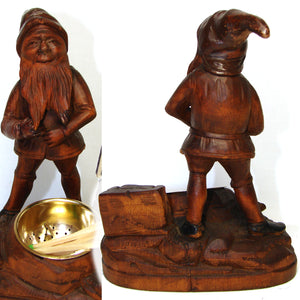 Charming Antique Black Forest Carved Smoker's Stand, Ashtray, Match Holder Gnome