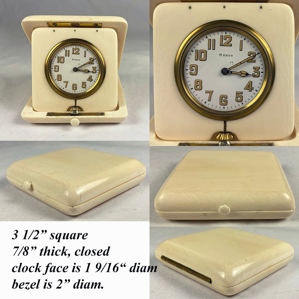 Antique c.1900-1910 Large 3.5" Folding 8-Day Travel Clock, Heavy Solid Ivory Case, Runs Well