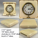 Antique c.1900-1910 Large 3.5" Folding 8-Day Travel Clock, Heavy Solid Ivory Case, Runs Well