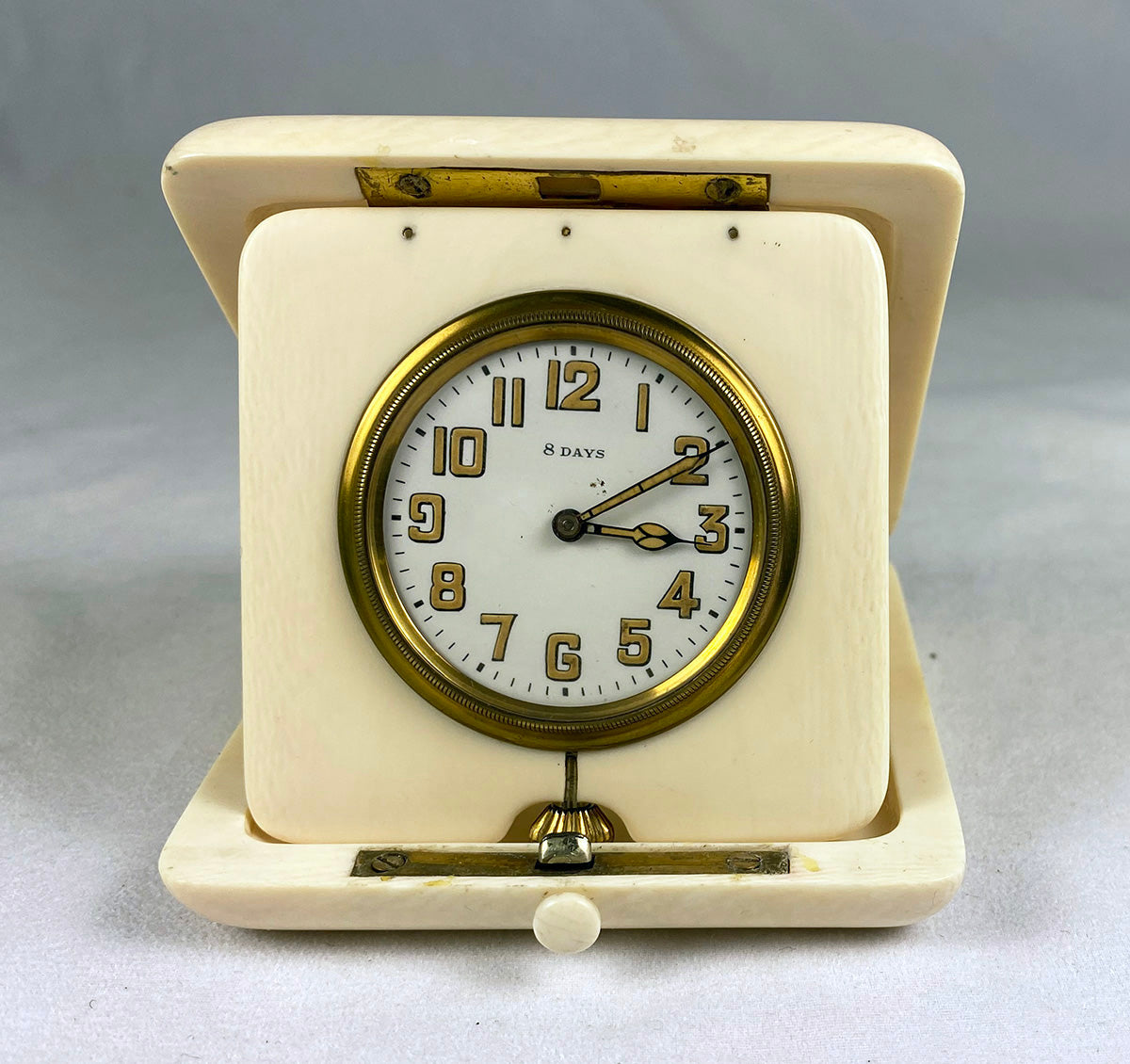 Antique c.1900-1910 Large 3.5" Folding 8-Day Travel Clock, Heavy Solid Ivory Case, Runs Well