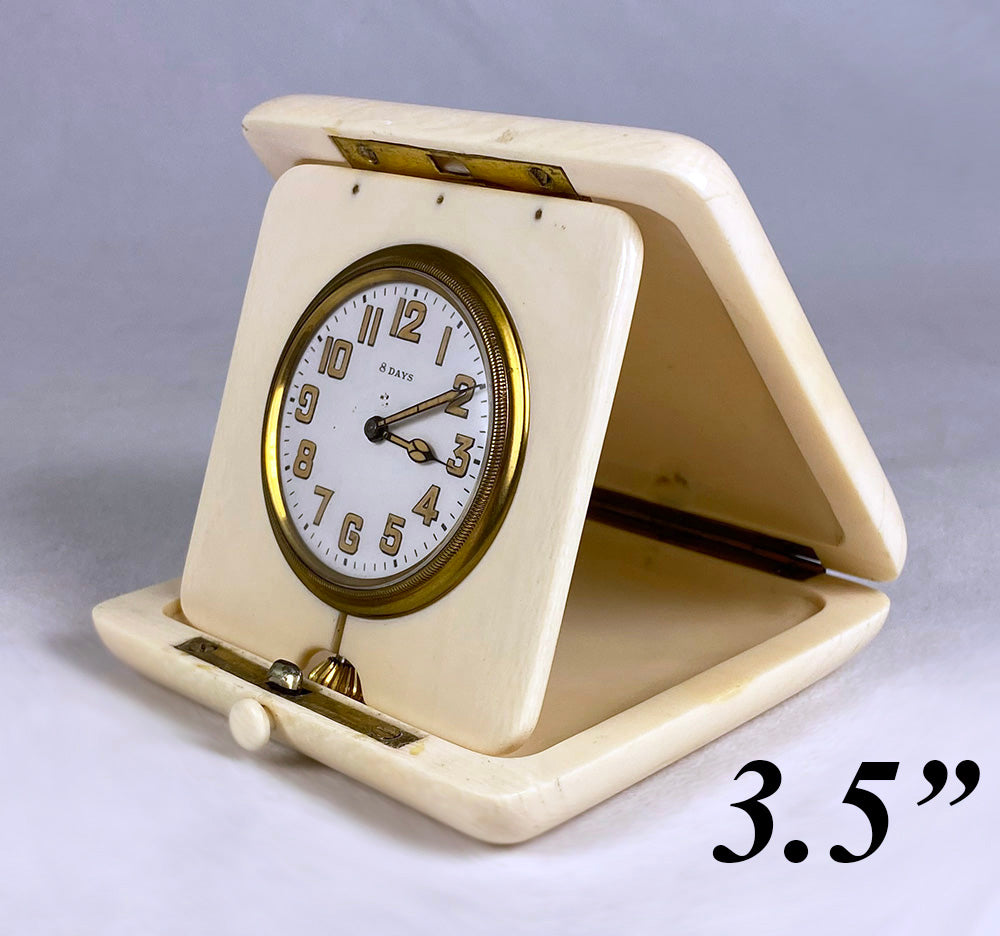 Antique c.1900-1910 Large 3.5" Folding 8-Day Travel Clock, Heavy Solid Ivory Case, Runs Well